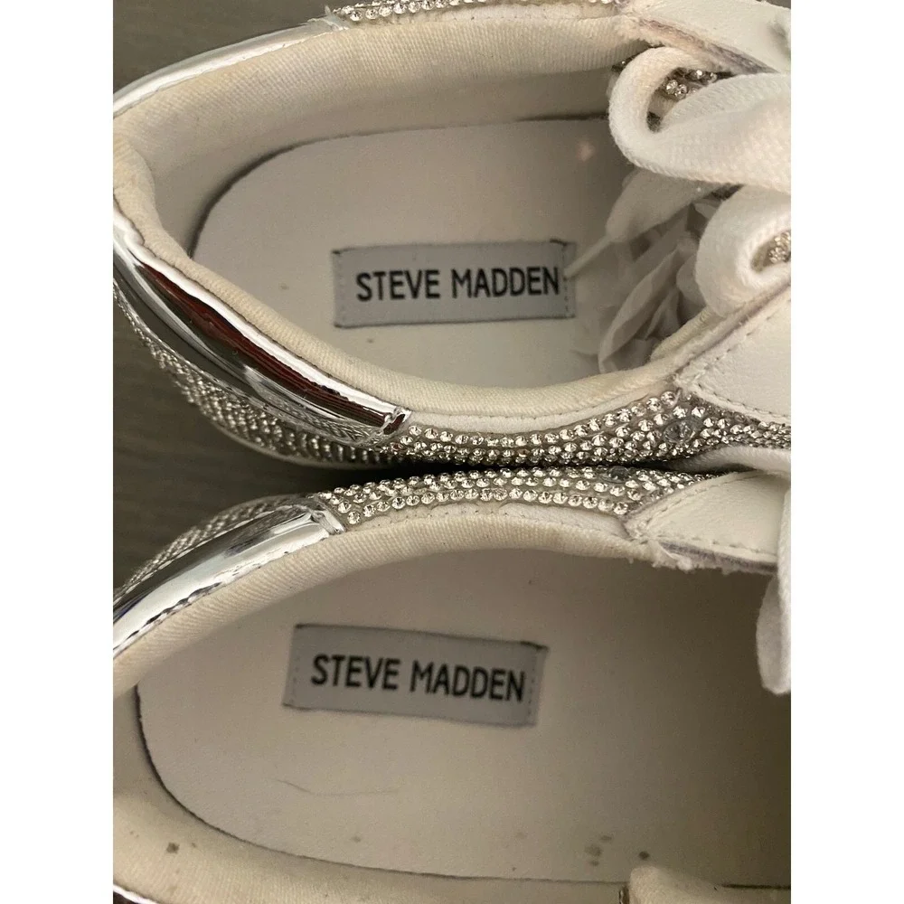 Steve Madden Rhinestone Sneakers Platform White Silver Women 9M‎ S Sparkle Bling